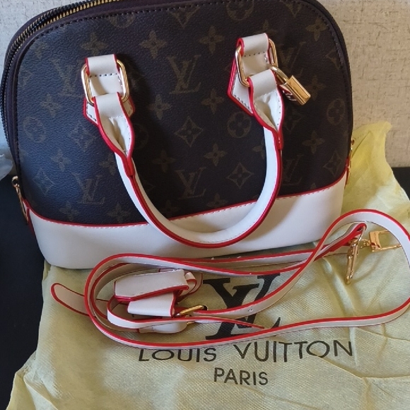 Brown and White Satchel with Red Accents - Picture 5 of 10